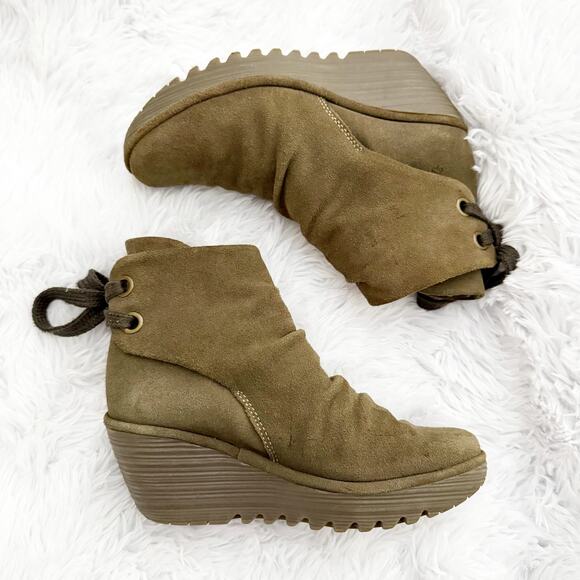 FLY LONDON | Yebi Wedge Boot Booties Shoes Brown Taupe Tie | Size 38, US 7.5-8 - Picture 3 of 8